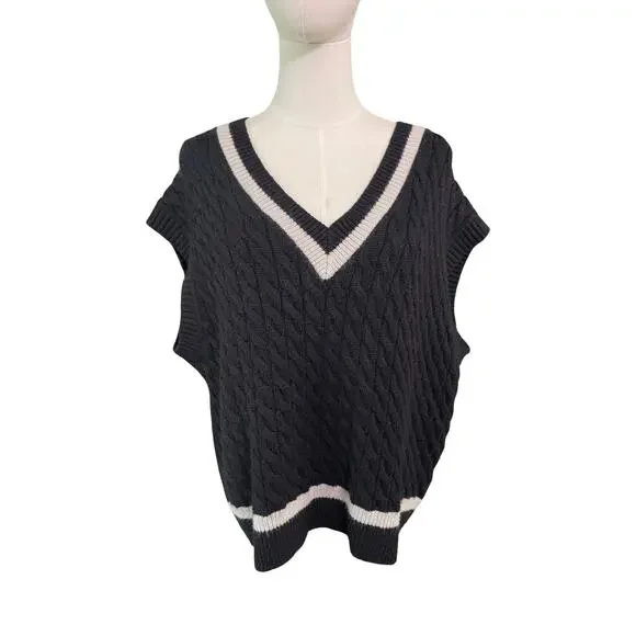 Oak Fort Black Cable Knit Sweater Vest Size M V-Neck Sleeveless Preppy